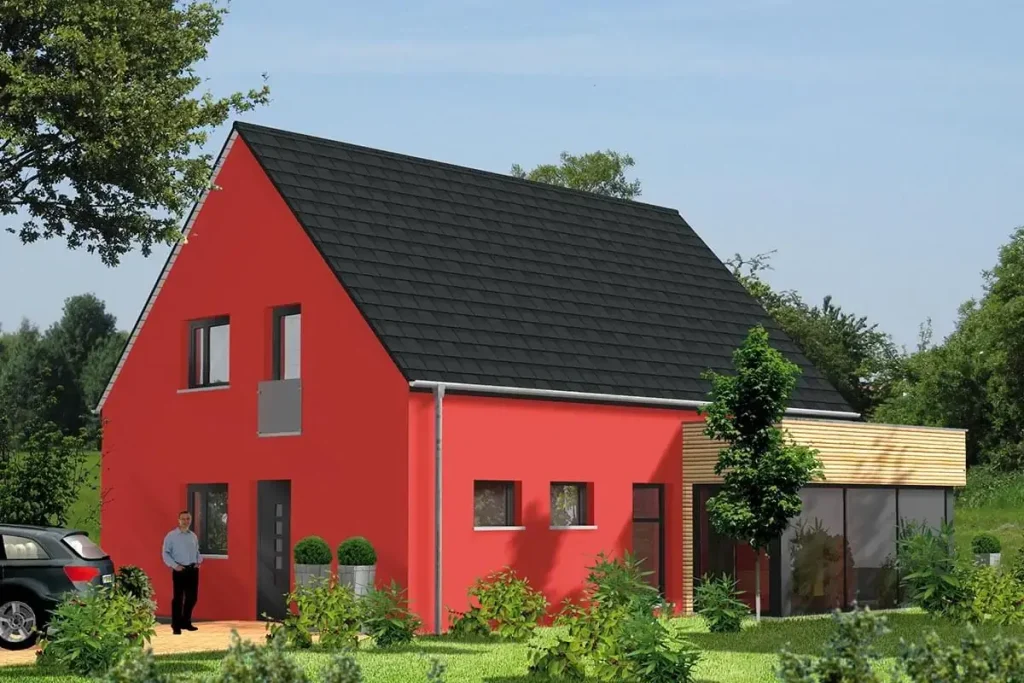 Rotes Haus mit Garten.