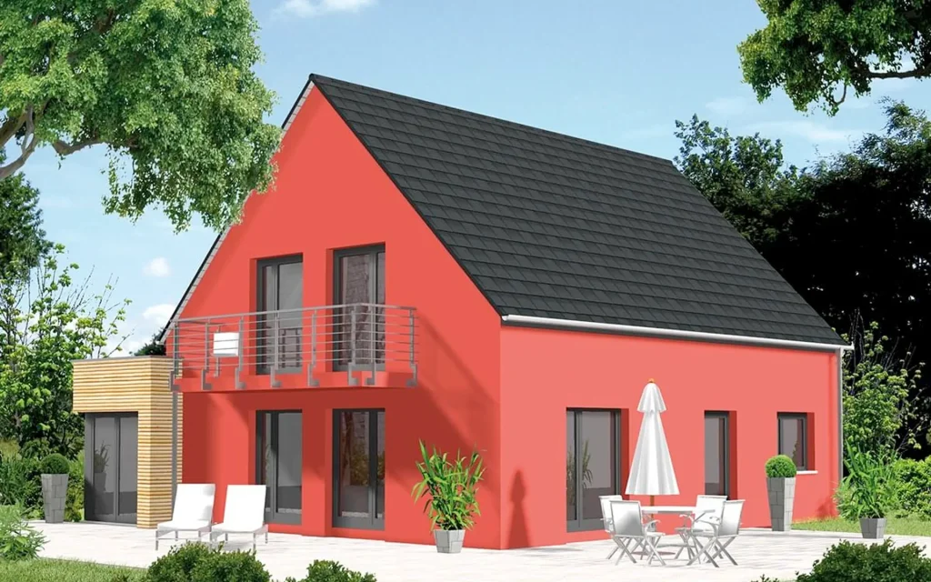 Rotes Haus mit Garten und Terrasse.