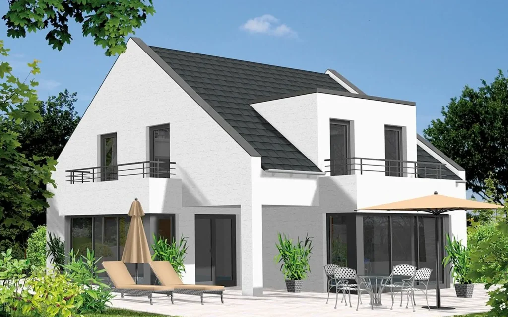 Modernes weißes Haus mit Terrasse und Sonnenschirmen.