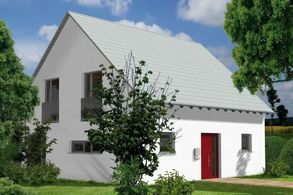 Weißes Haus mit roter Tür und Garten.