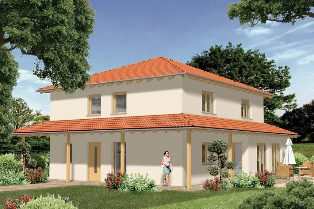 Zweistöckiges Haus mit rotem Dach und Garten.