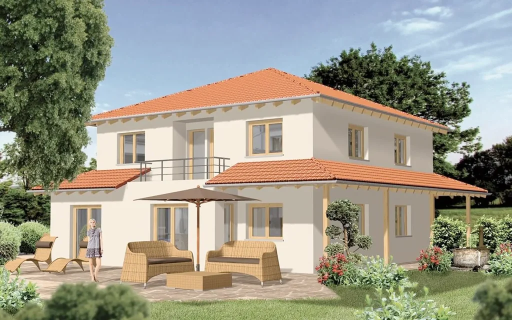 Zweistöckiges Haus mit Terrasse und Gartenmöbeln.