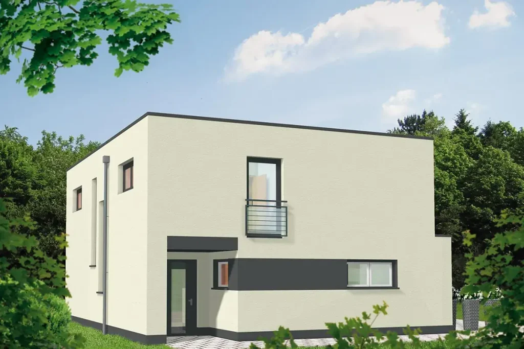 Modernes, rechteckiges Haus mit Flachdach in grüner Umgebung.