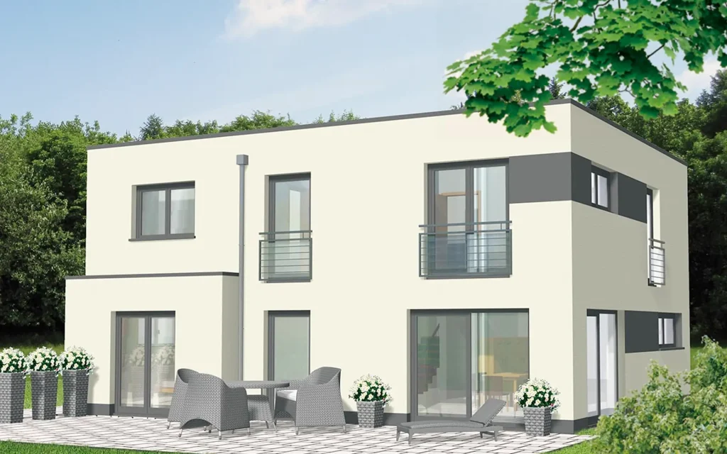 Zweistöckiges, modernes Haus mit Terrasse.