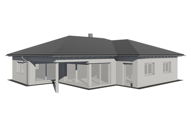 Weißes Einfamilienhaus mit dunkelgrauem Dach.