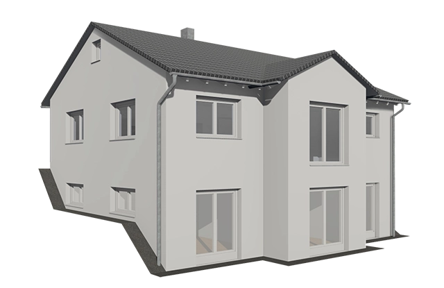 Zweistöckiges Haus mit mehreren Fenstern.