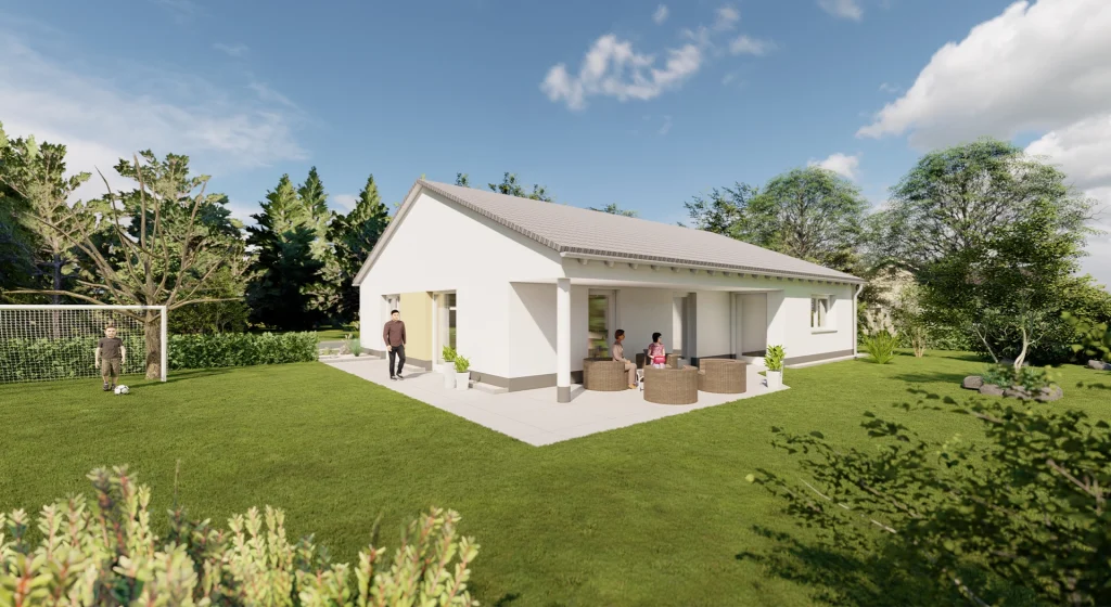 Bungalow mit Garten und Personen auf der Terrasse.