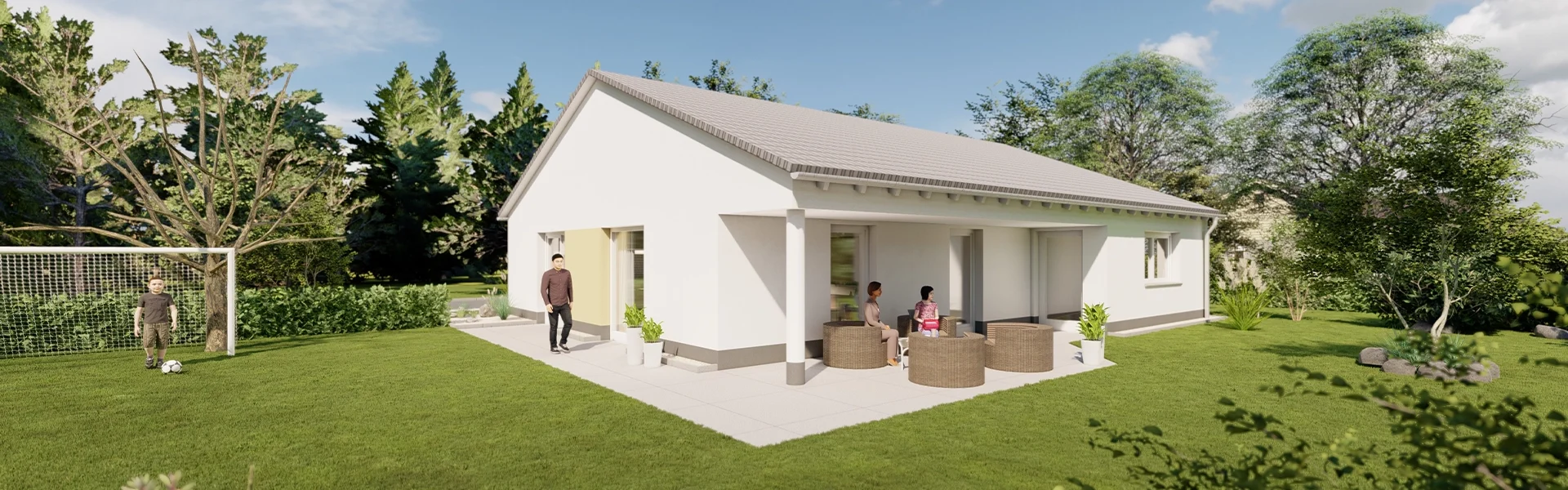 Bungalow mit Garten und Personen auf der Terrasse.