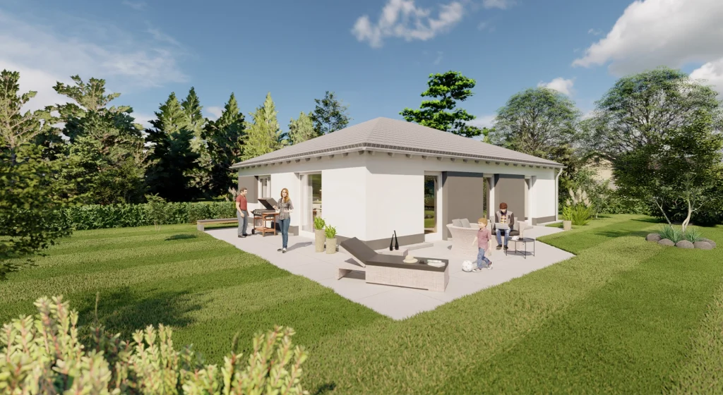 Bungalow mit Garten und Personen auf der Terrasse.