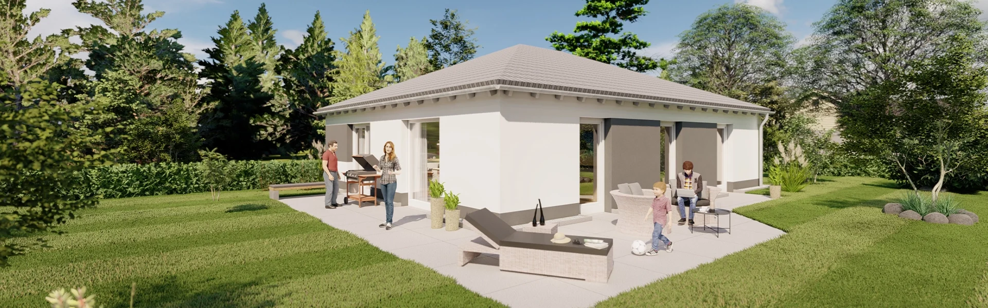 Bungalow mit Garten und Personen auf der Terrasse.