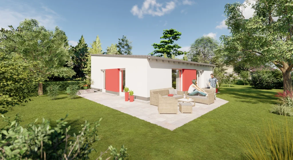 Bungalow mit Garten und Personen auf der Terrasse.