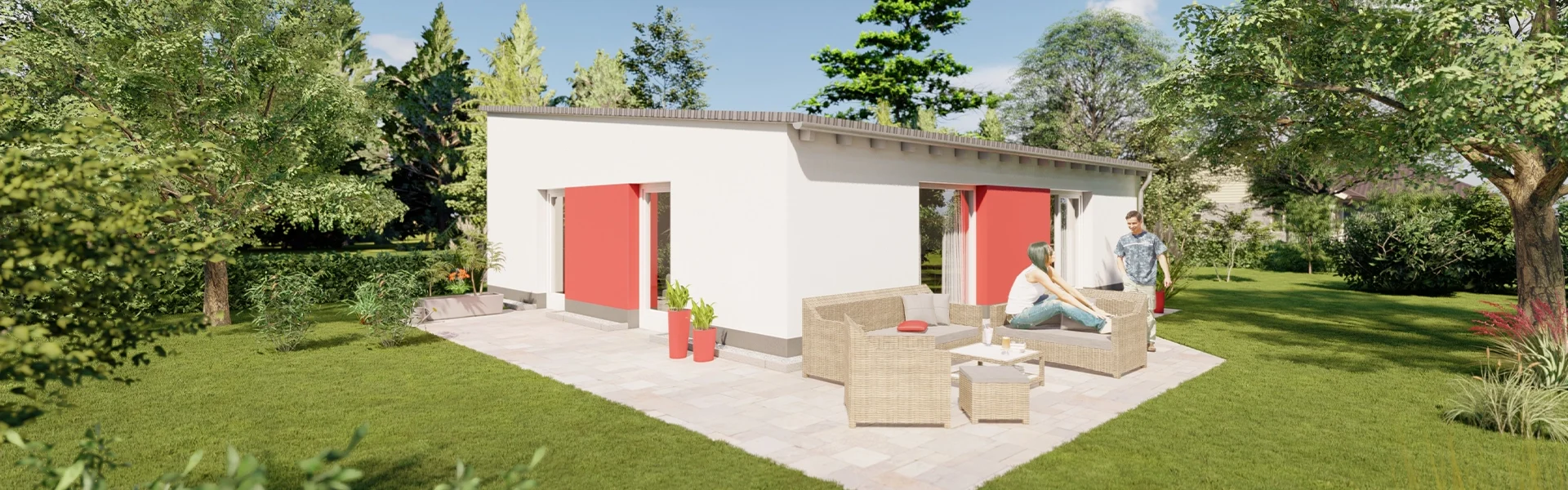 Bungalow mit Garten und Personen auf der Terrasse.