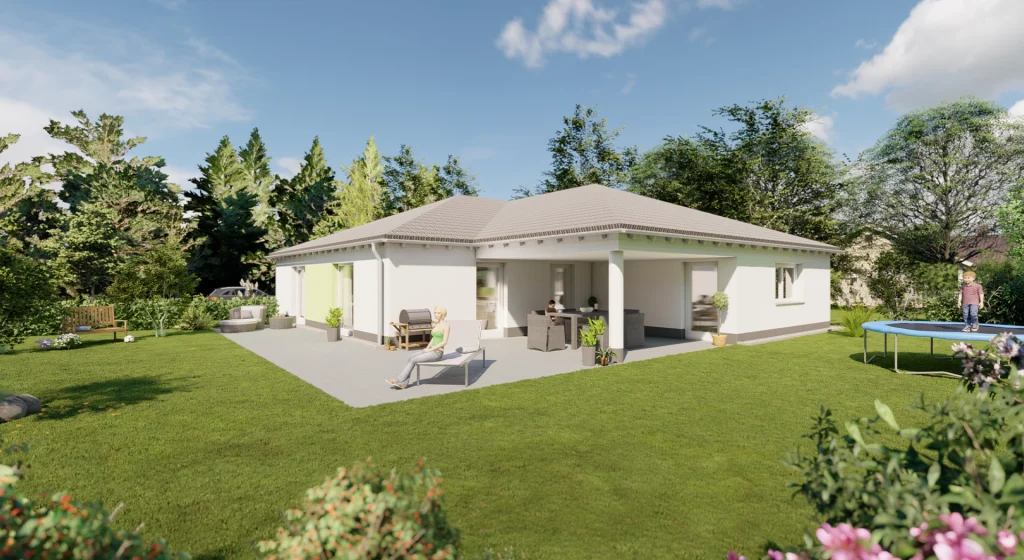 Ein modernes Bungalow mit Garten und Personen auf der Terrasse.