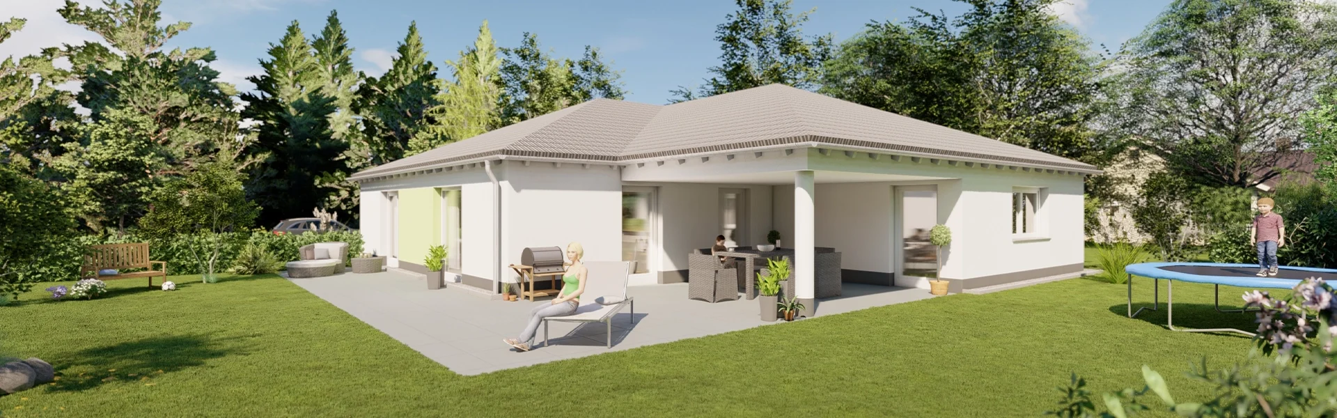 Ein modernes Bungalow mit Garten und Personen auf der Terrasse.