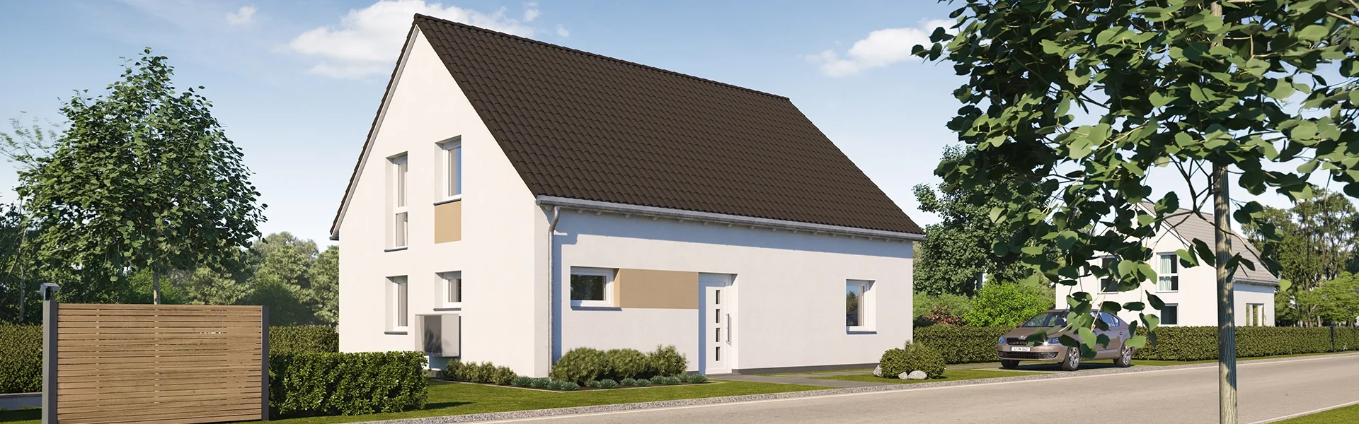 Einfamilienhaus mit Garten und Auto.