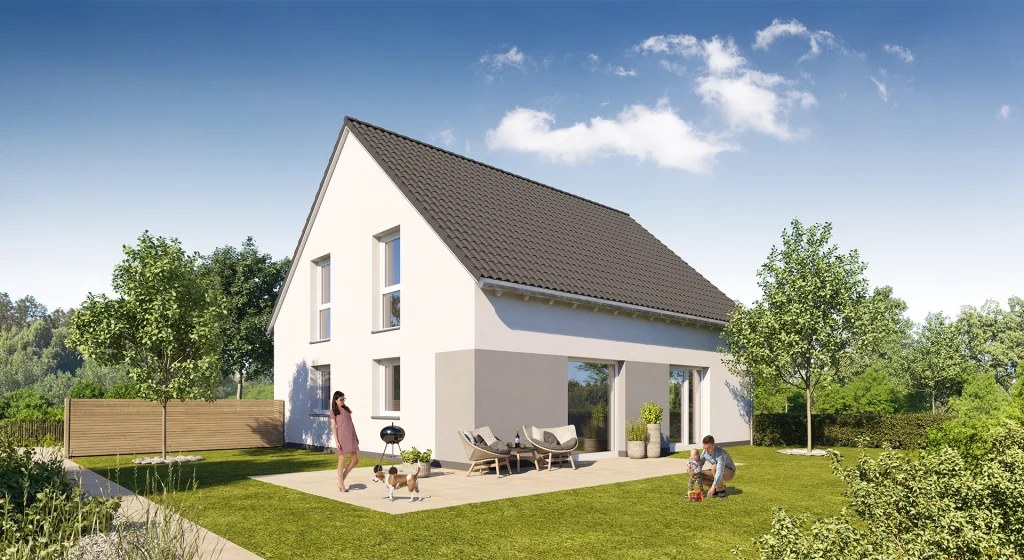 Moderner Einfamilienhaus mit Personen im Garten.