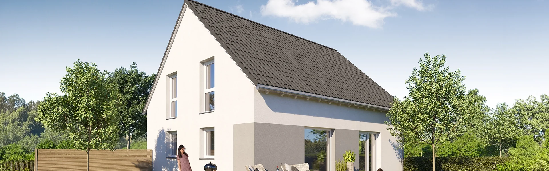 Moderner Einfamilienhaus mit Personen im Garten.