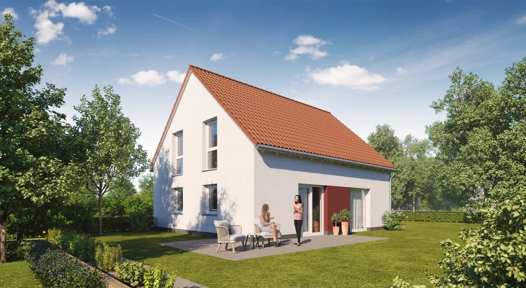 Ein Haus mit Garten und zwei Personen auf der Terrasse.