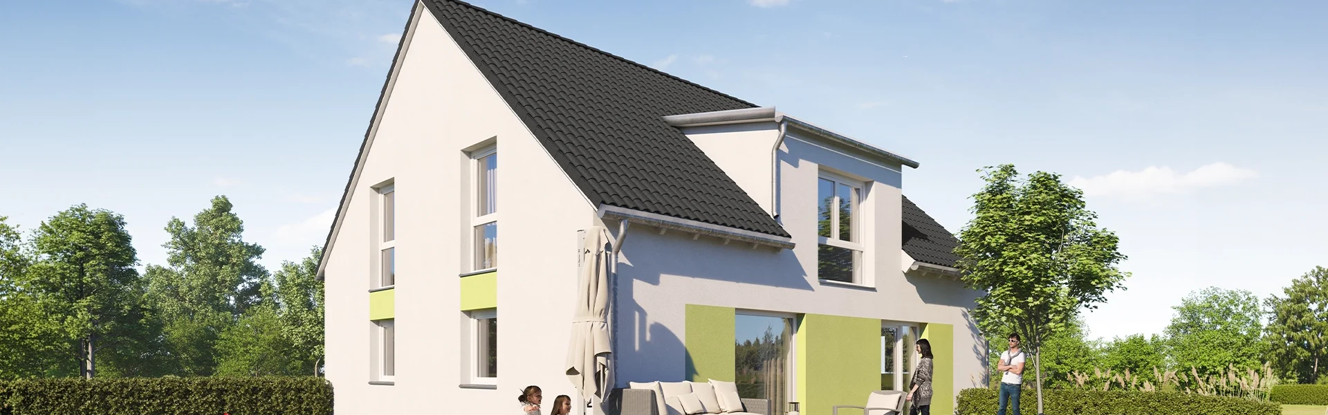 Ein modernes Einfamilienhaus mit Garten und Terrasse.