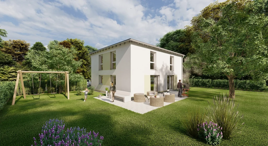 Weißes zweistöckiges Haus mit Garten, Personen auf der Terrasse.