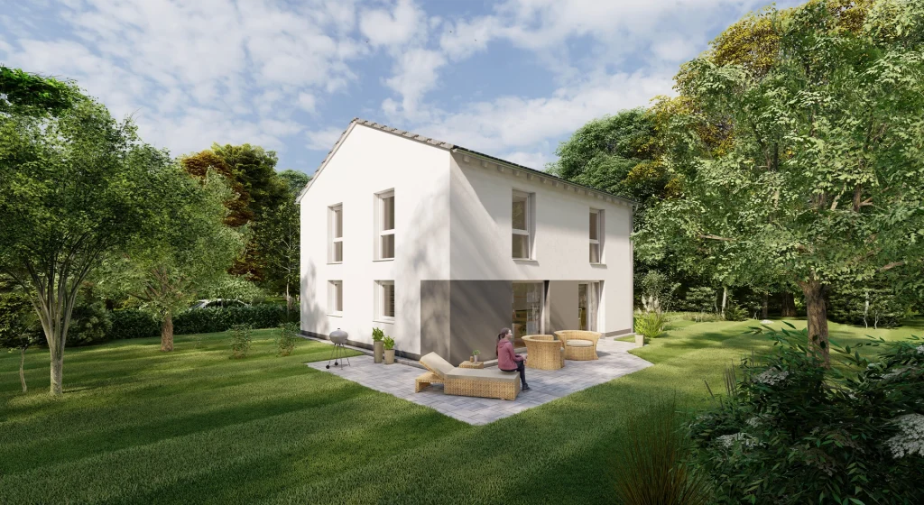 Modernes weißes Haus mit Garten und Terrasse.