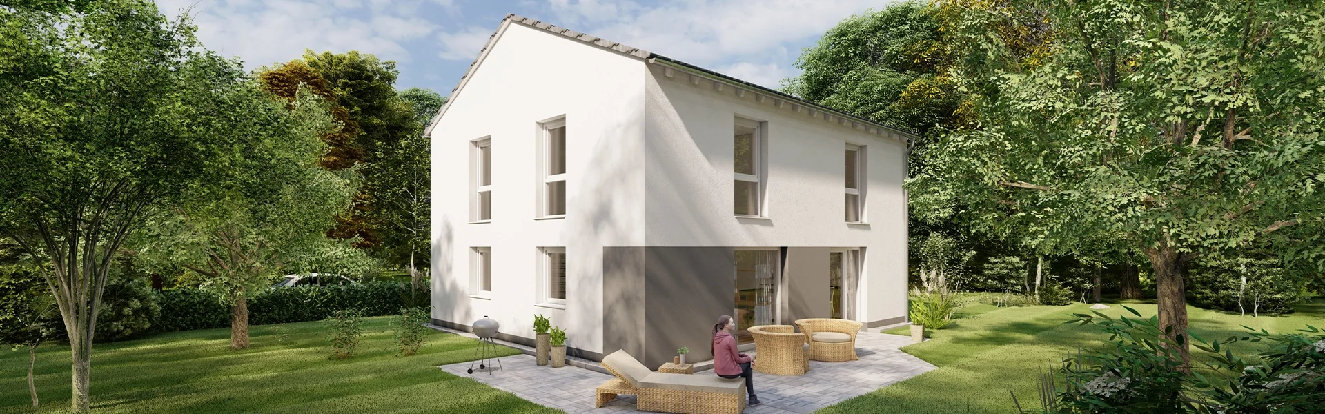 Modernes weißes Haus mit Garten und Terrasse.