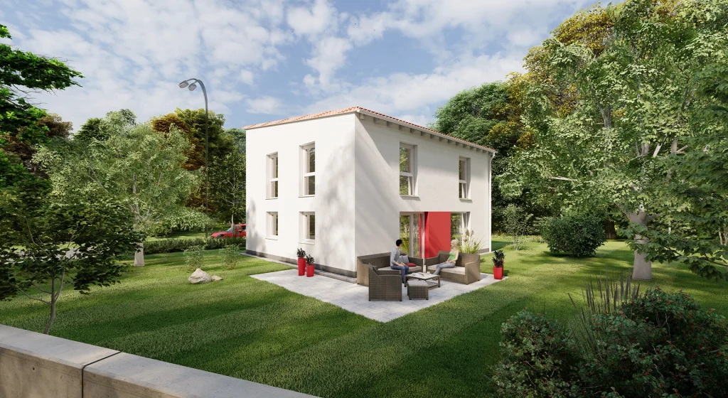 Zweistöckiges Haus mit Terrasse und Personen im Garten.