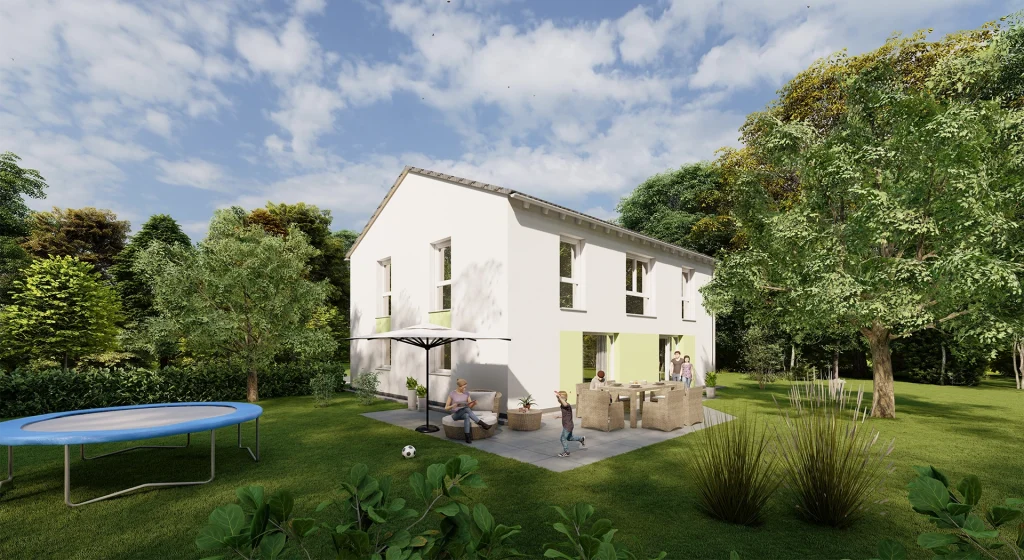 Zweistöckiges Haus mit Personen auf der Terrasse und spielenden Kindern im Garten.