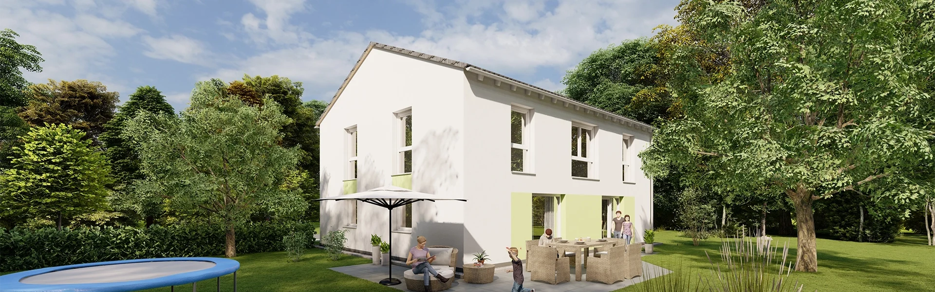 Zweistöckiges Haus mit Personen auf der Terrasse und spielenden Kindern im Garten.