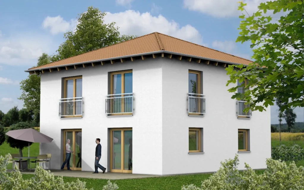 Zweistöckiges Haus mit Garten und Personen.