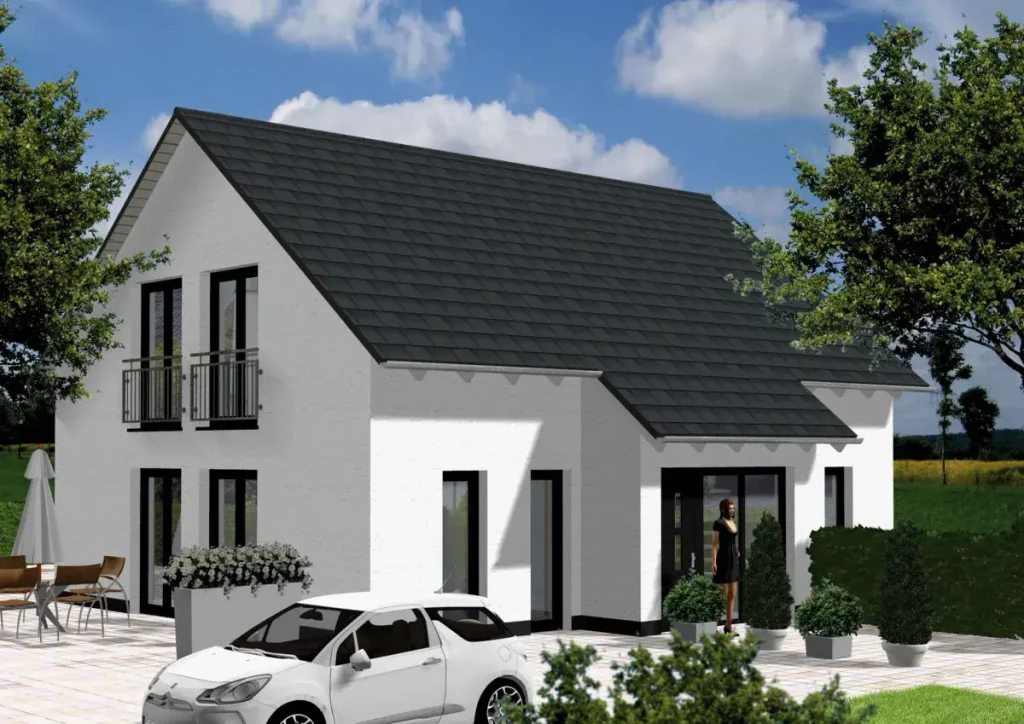 Modernes Einfamilienhaus mit Auto und Personen im Garten.