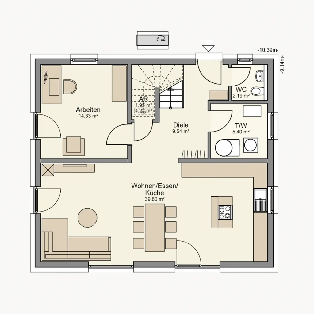 Grundriss eines Hauses mit mehreren Räumen.