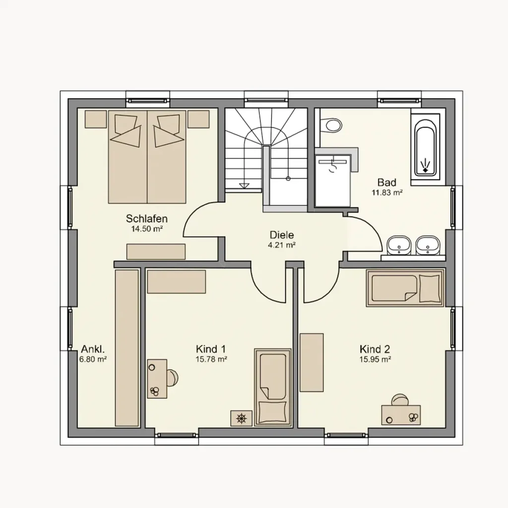 Grundriss eines Hauses mit Schlafzimmer, Kinderzimmern und Bad.