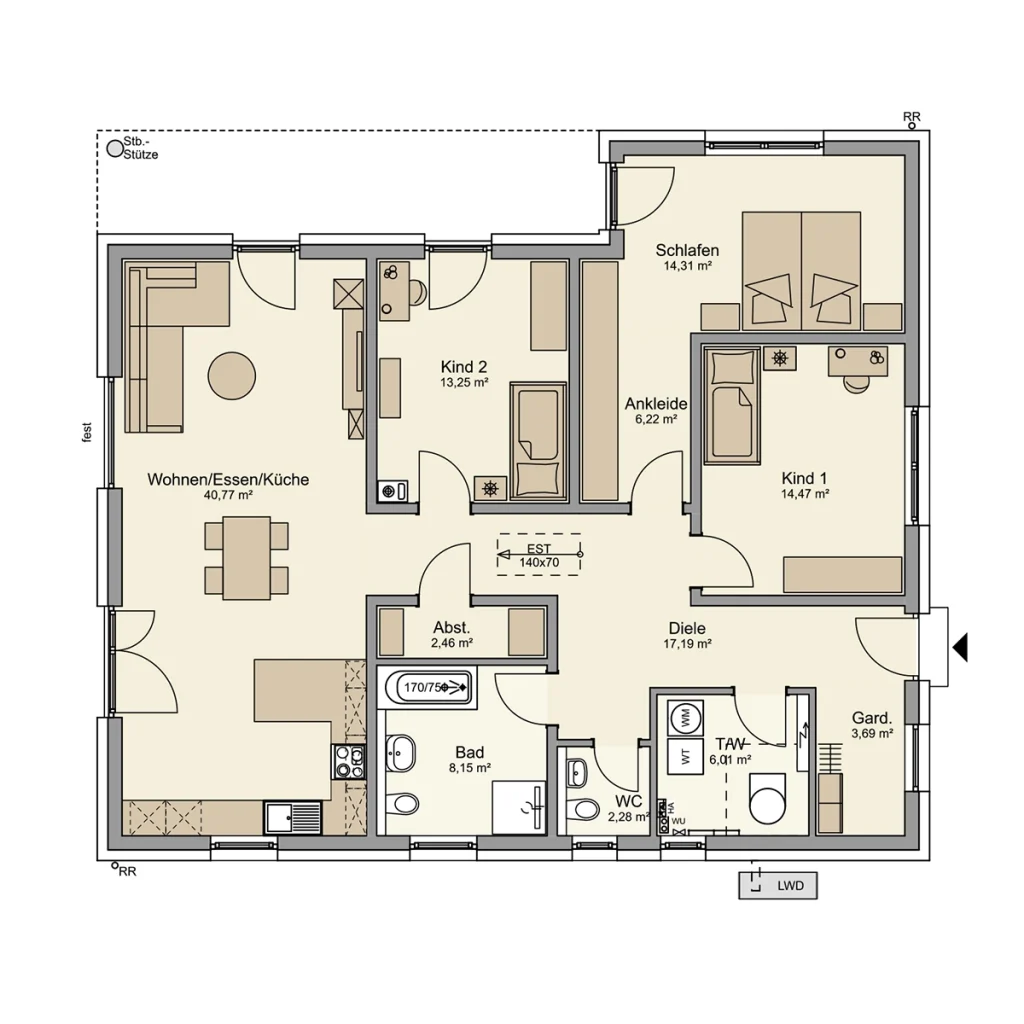Grundriss eines Hauses mit mehreren Räumen.