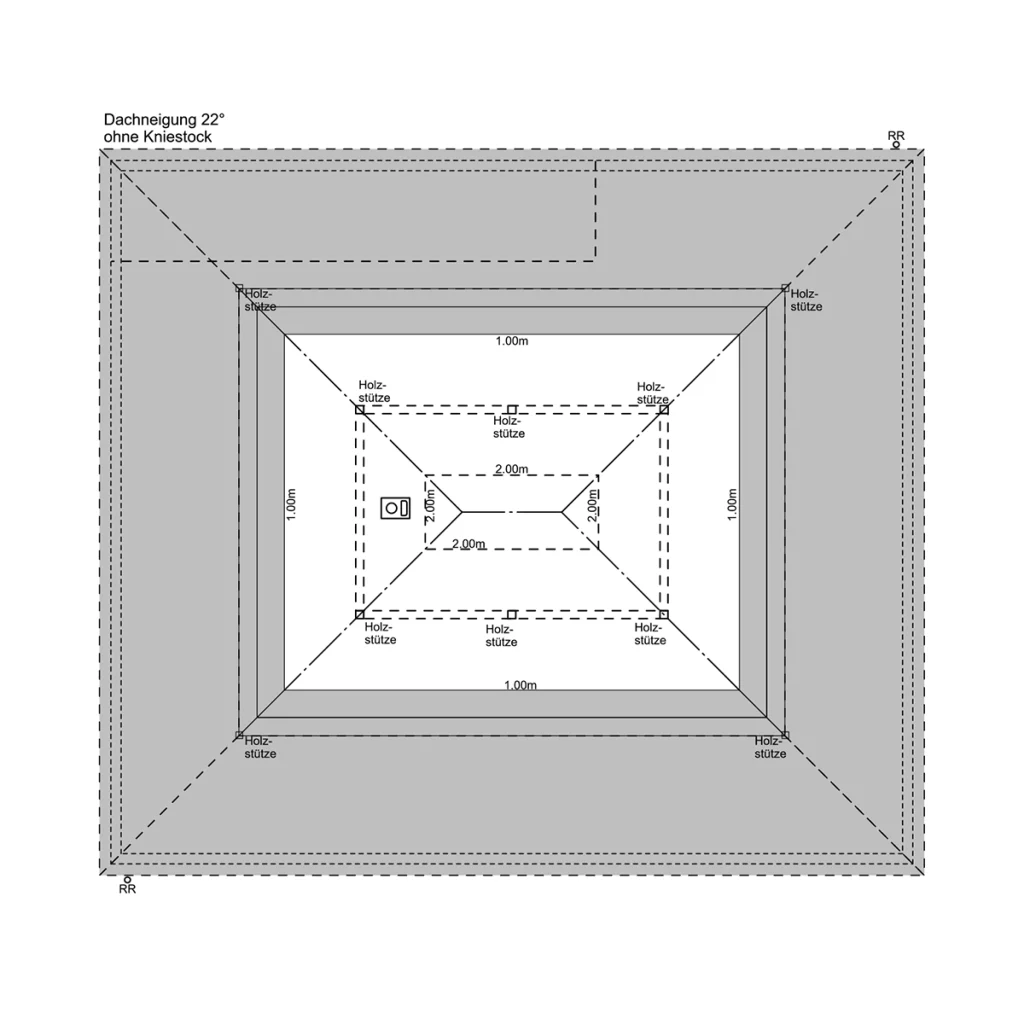 "Dachplan mit Holzstützen bei 22° Dachneigung"
