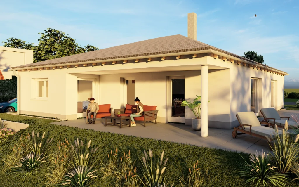 Ein modernes Einfamilienhaus mit Terrasse und Personen.