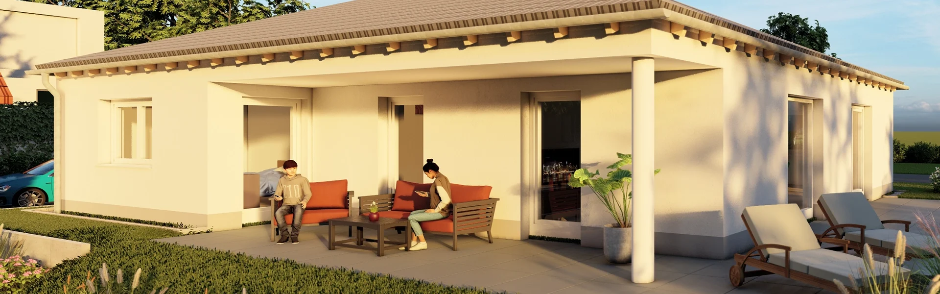 Ein modernes Einfamilienhaus mit Terrasse und Personen.