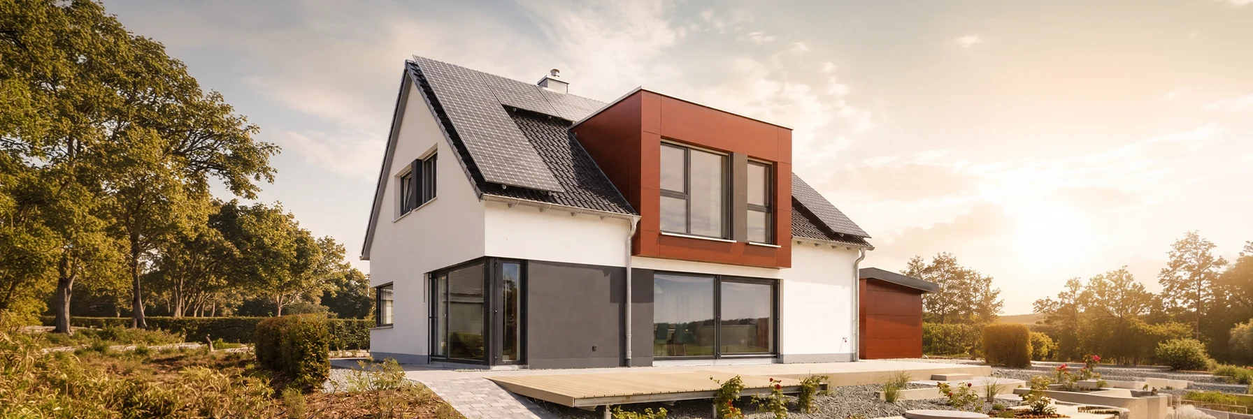 Perspektivansicht des Musterhauses Easy mit modernem Satteldach, markantem Erker in Holzoptik, Photovoltaikanlage und großzügiger Terrasse.