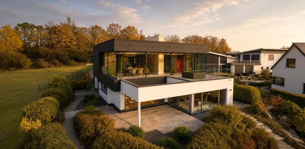 Die markante Kubatur mit großzügigen Glasflächen, auskragenden Bauteilen und klaren Linien verleiht dem Haus eine außergewöhnlich moderne und exklusive Architektur.