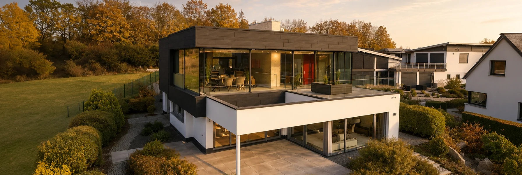 Die markante Kubatur mit großzügigen Glasflächen, auskragenden Bauteilen und klaren Linien verleiht dem Haus eine außergewöhnlich moderne und exklusive Architektur.