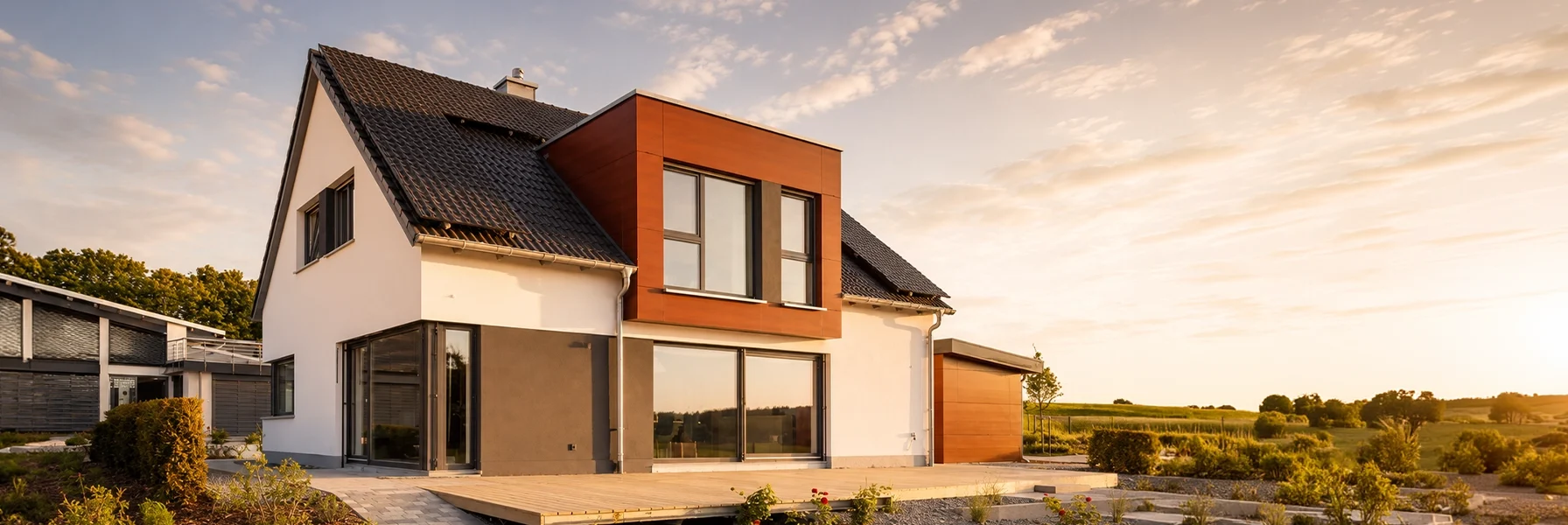 Die Verbindung aus klassischem Satteldach und modernem Fassadenvorbau schafft eine markante Architektur mit individuellem Charakter und hoher Wiedererkennbarkeit.