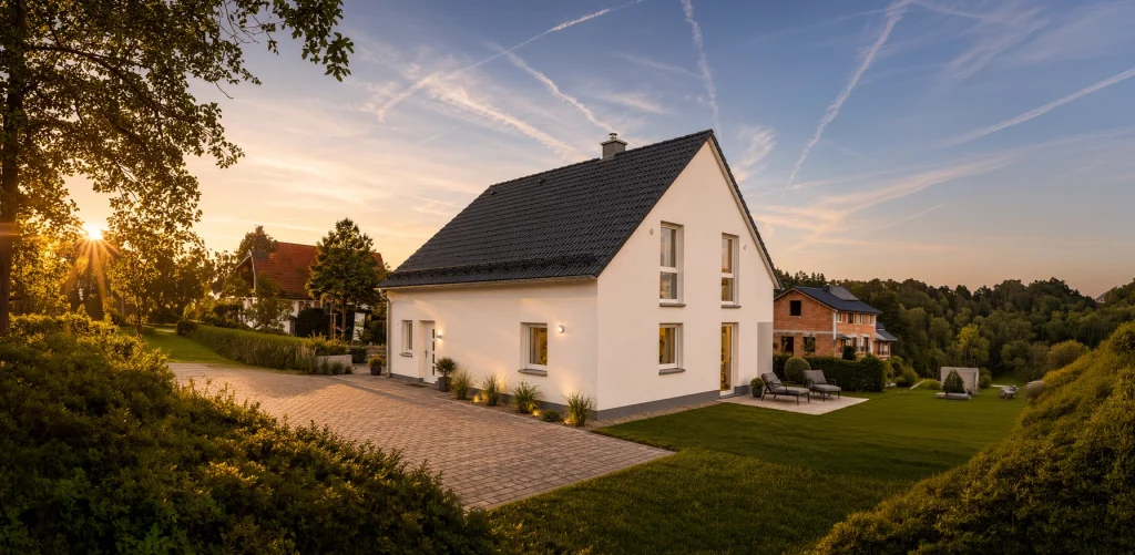 Die klare Gebäudekubatur mit klassischem Satteldach und symmetrisch angeordneten Fensterflächen verleiht dem Haus eine zeitlose und harmonische Architektur.