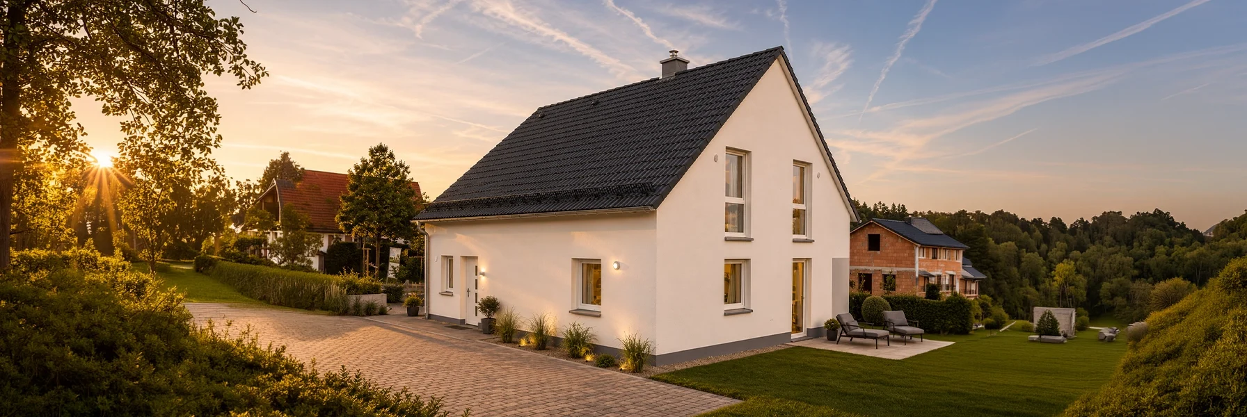 Die klare Gebäudekubatur mit klassischem Satteldach und symmetrisch angeordneten Fensterflächen verleiht dem Haus eine zeitlose und harmonische Architektur.