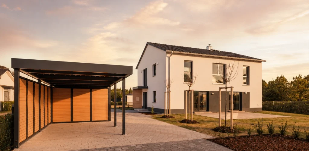 Die moderne, kubische Architektur mit klaren Linien, großzügigen Fensterflächen und kontrastierenden Fassadenelementen verleiht dem Haus eine elegante und zeitgemäße Ausstrahlung.