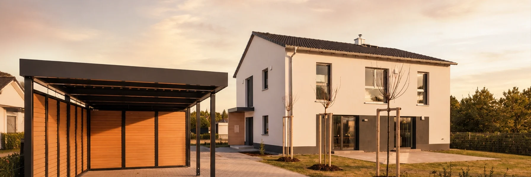 Die moderne, kubische Architektur mit klaren Linien, großzügigen Fensterflächen und kontrastierenden Fassadenelementen verleiht dem Haus eine elegante und zeitgemäße Ausstrahlung.