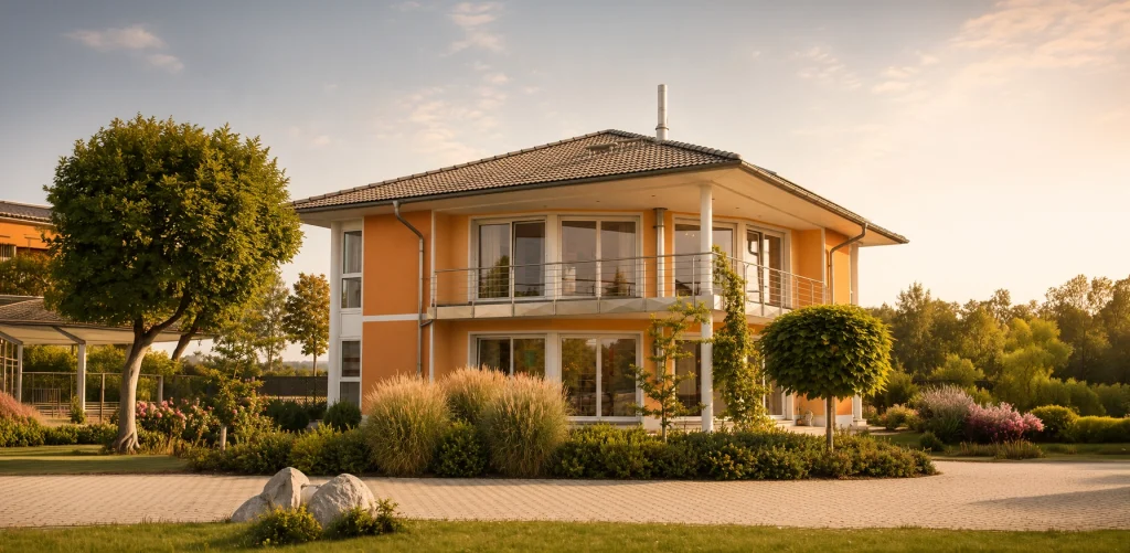 Die elegante Villenarchitektur mit großzügigem Balkon, weit auskragendem Walmdach und harmonischen Proportionen verleiht dem Haus eine repräsentative und zeitlose Ausstrahlung.