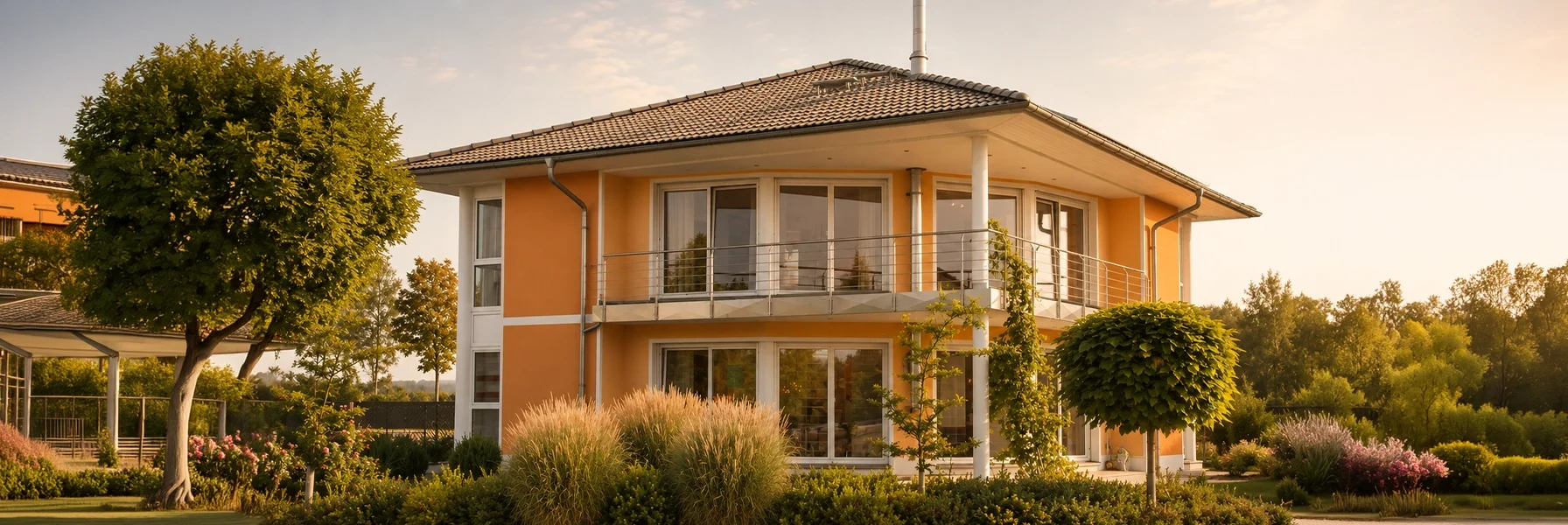 Die elegante Villenarchitektur mit großzügigem Balkon, weit auskragendem Walmdach und harmonischen Proportionen verleiht dem Haus eine repräsentative und zeitlose Ausstrahlung.
