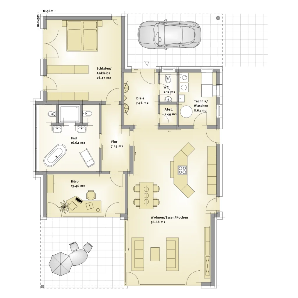 Grundriss eines Hauses mit Zimmerbezeichnungen und Quadratmeterangaben.