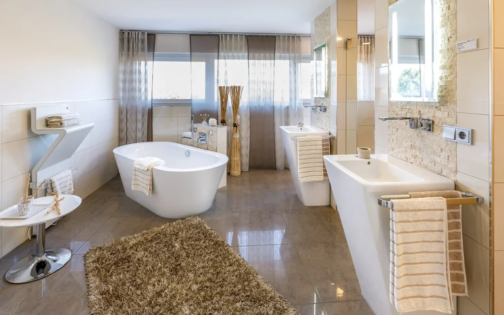 Modernes Badezimmer mit freistehender Badewanne und Teppich.