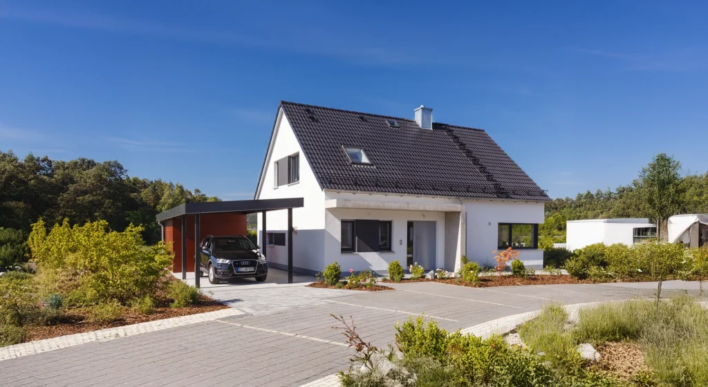 Einfamilienhaus mit Auto im Carport.